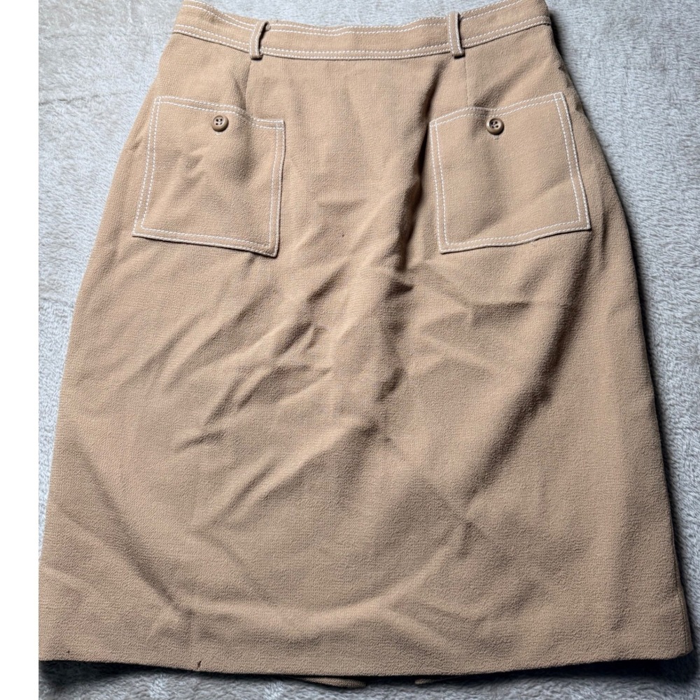 Oscar de la Renta Wool‎ Crepe Pencil Skirt Camel Tan Contrast Stitch Vintage 6